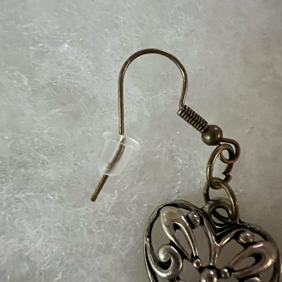 Dangling Heart Earrings in an Antique Metal Intricate Design - Picture 3 of 4
